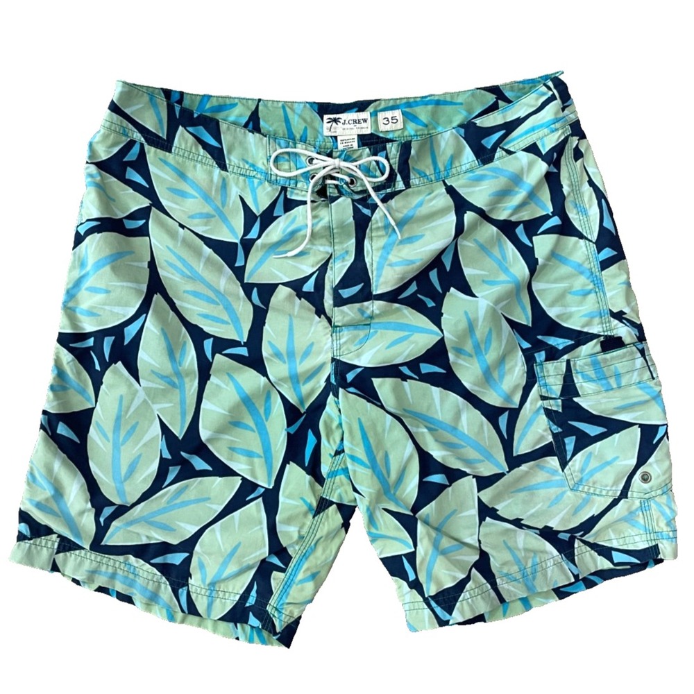 J.Crew Mens Board Shorts 35 Blue Green Tropical Leaf Print Swim Trunks Surf